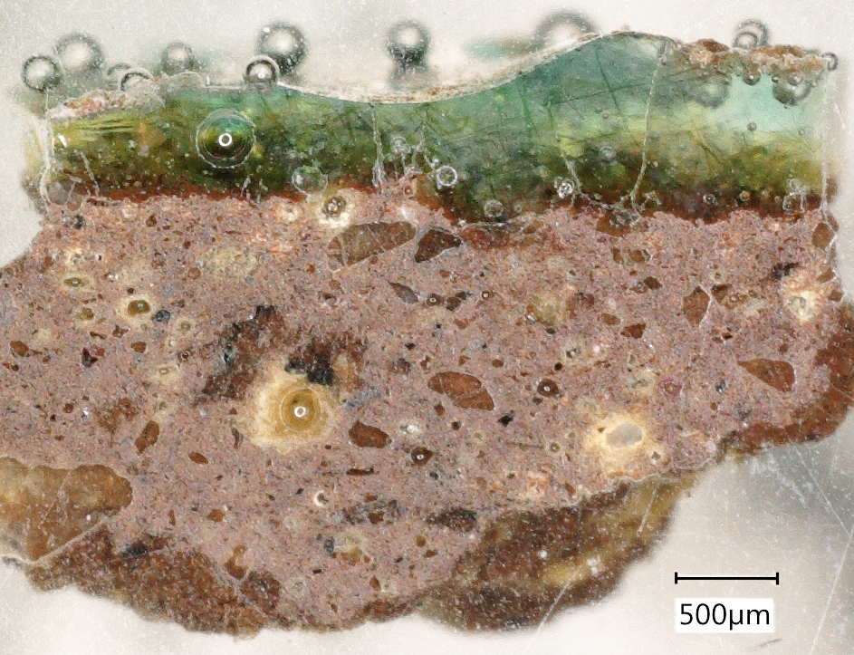 cross-section of a technical ceramic with glass from Amarna (Penn Museum Collection)